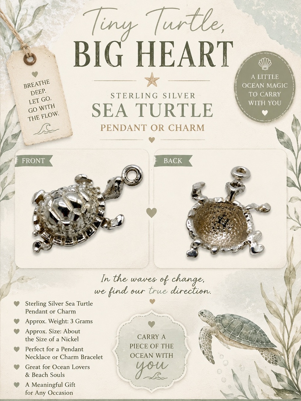 Vintage Sterling Silver Turtle Charm - Ocean Inspired Pendant